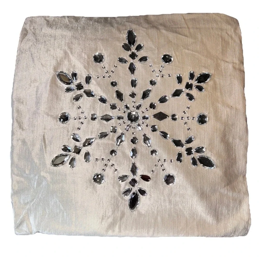 Pier 1 Imports Velvet Embellished Snowflake Winter Throw Pillow Ivory Cover Only